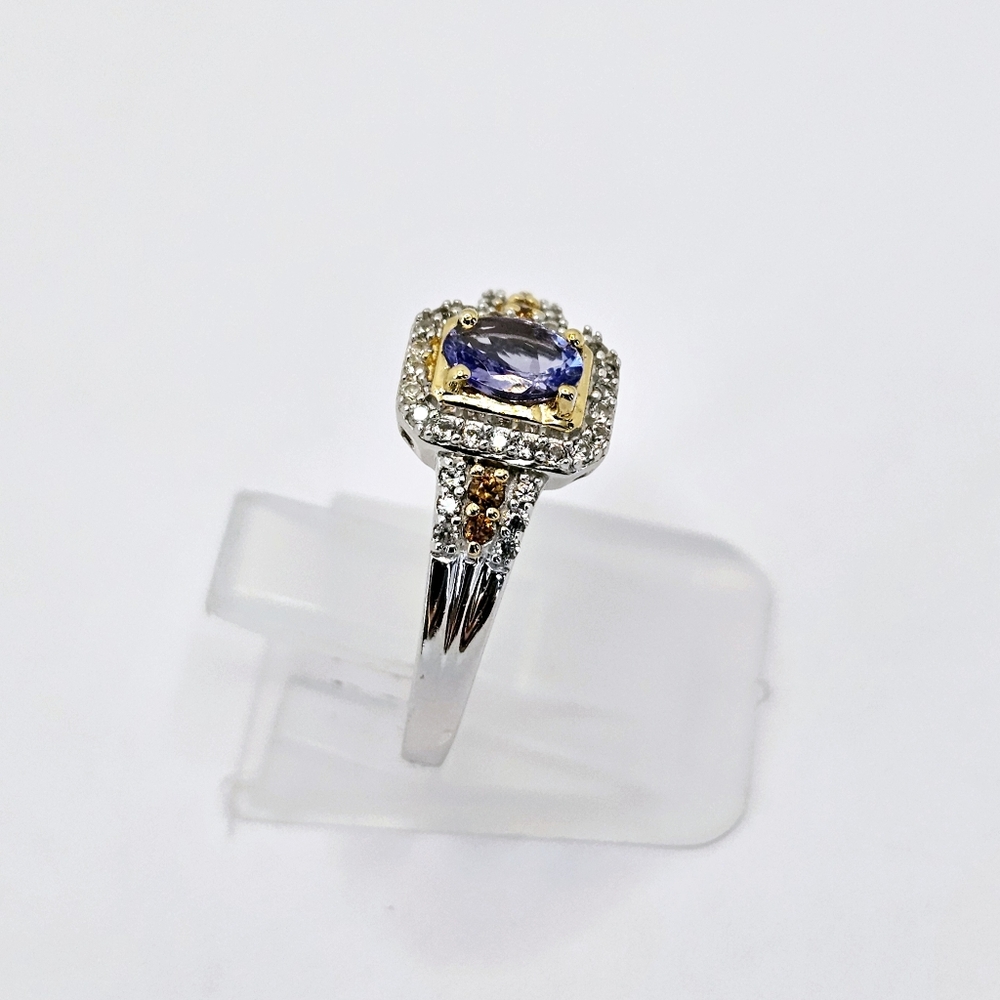 Genuine Tanzanite, Champagne & White Zircon Platinum Sterling Silver Sz 7 - Picture 6 of 10